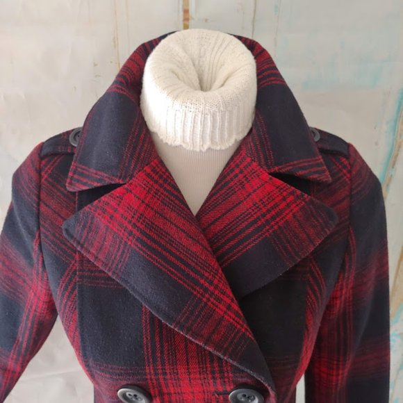 Old Navy plaid wool lined button heavy pea coat/XS/red & navy blue - Picture 2 of 11